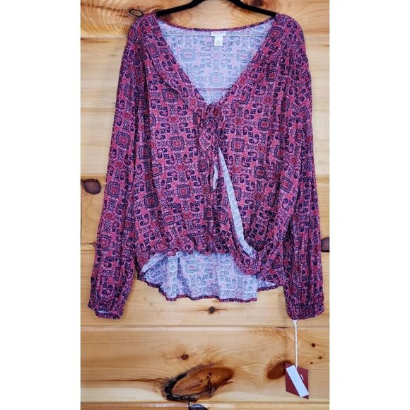 Mossimo Womens size XXL Reds Floral Boho Peasant Ruffle Tie Faux Wrap Blouse New - Picture 1 of 12
